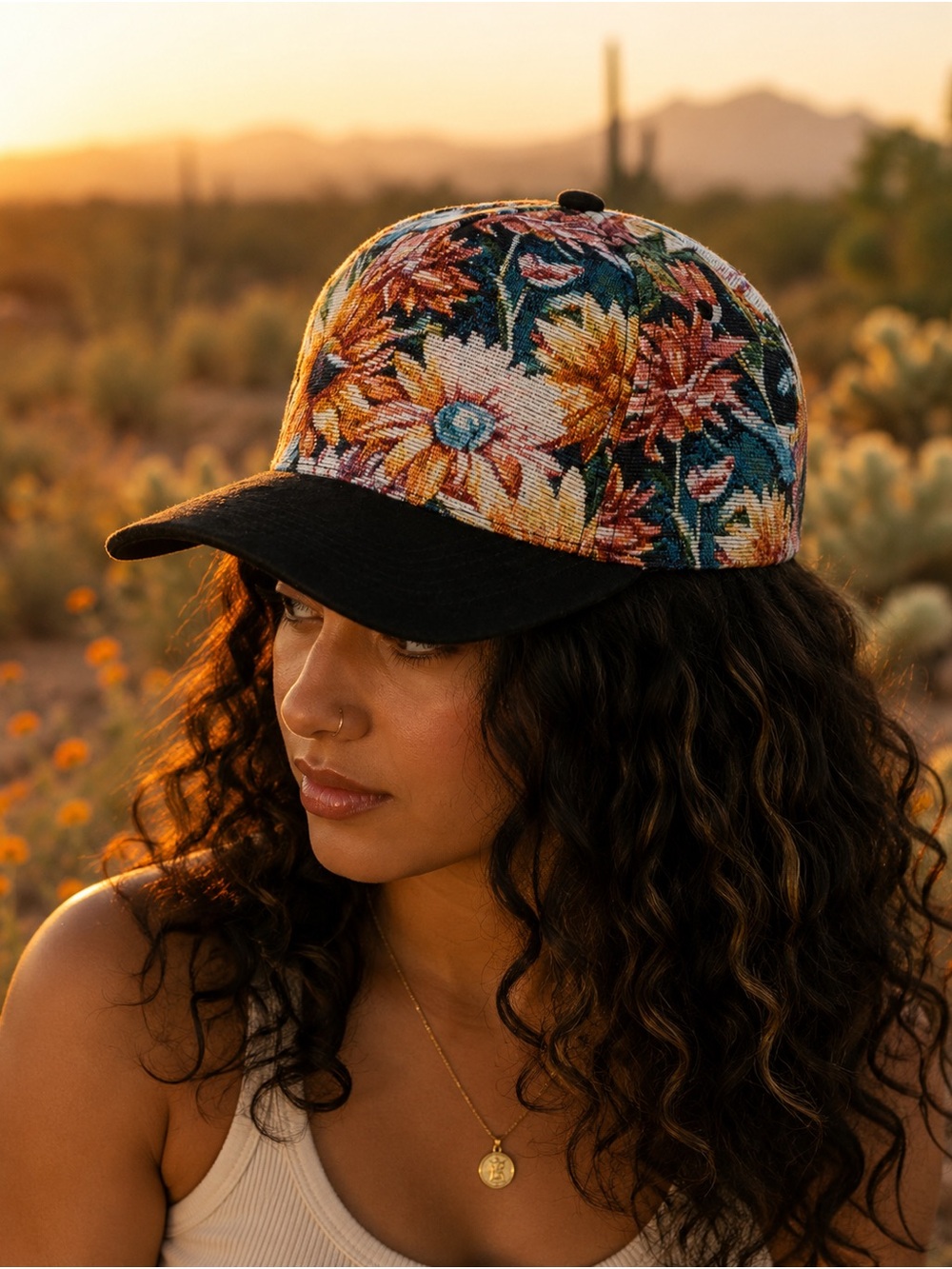 Floral Embroidered Baseball Cap - Black Brim
